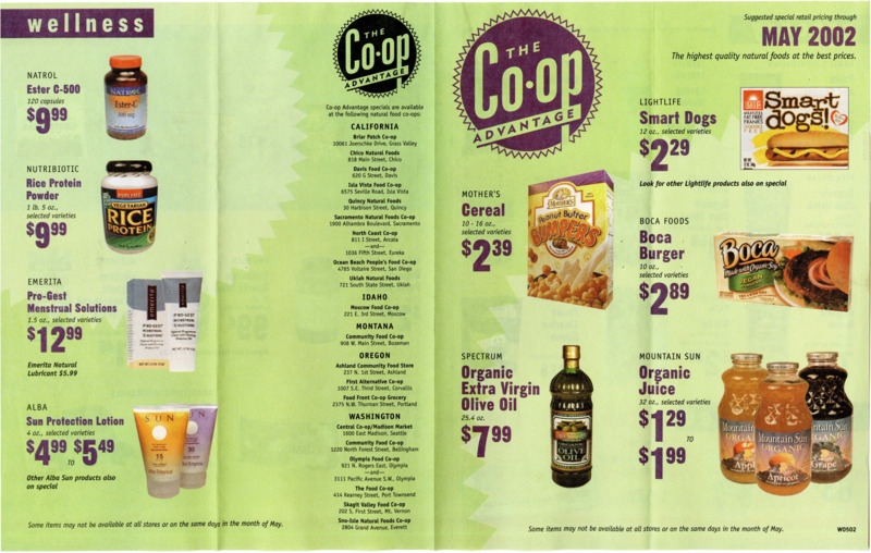 Newsletter from the Co-op Advantage listing special pricing for various natural co-ops, including the Moscow Food Co-op.
