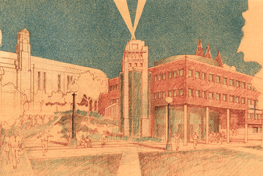 pencil drawing featuring the library building with tower illuminated