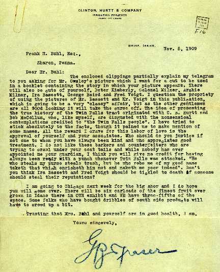 Letter, G.B.Fraser, Boise, to Frank H.Buhl, Sharon, PA, November 5, 1909