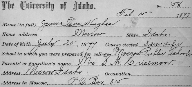 Jennie Hughes Smith - Registration Card for UofI
