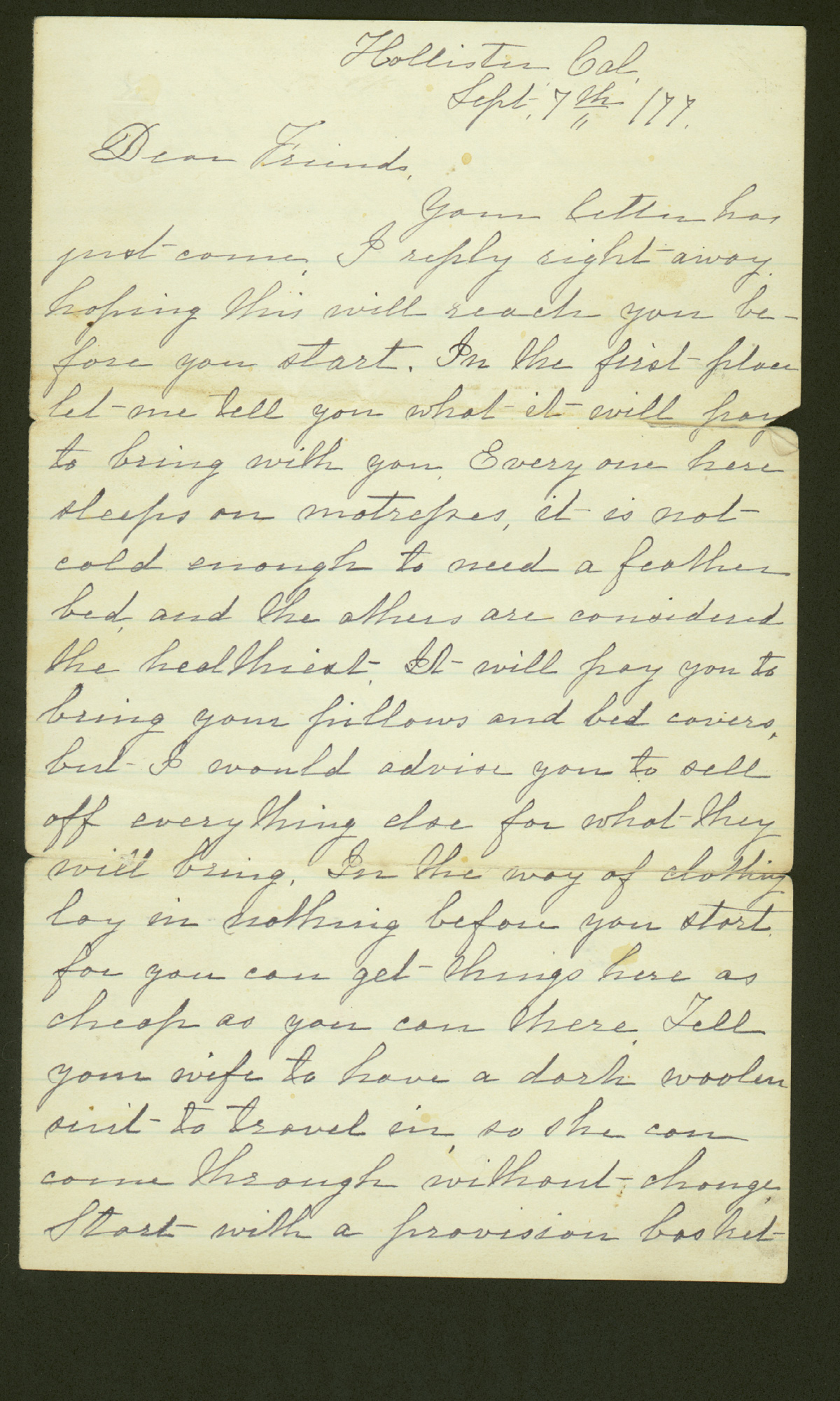 Letter fragment, McCroskey to McCallie, 1877, describing provisions needed for train